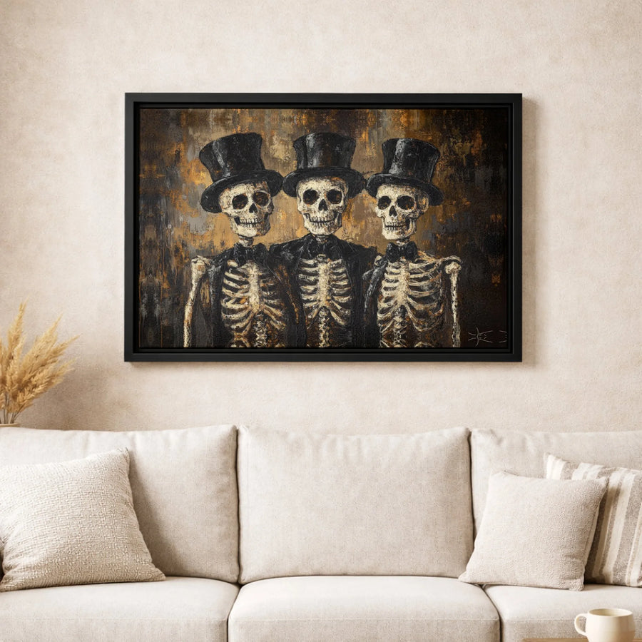 Gothic Skeleton Trio Canvas Art | Vintage Top Hat Design | 1.25 Inch Premium Gallery Wrap | Dark Academia Home Decor Gift