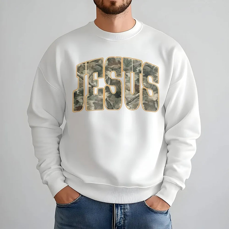 Jesus Sweatshirt | Camo Lettering Christian Graphic Design | Premium Cotton Blend Crewneck | Religious Gift for Men and Women