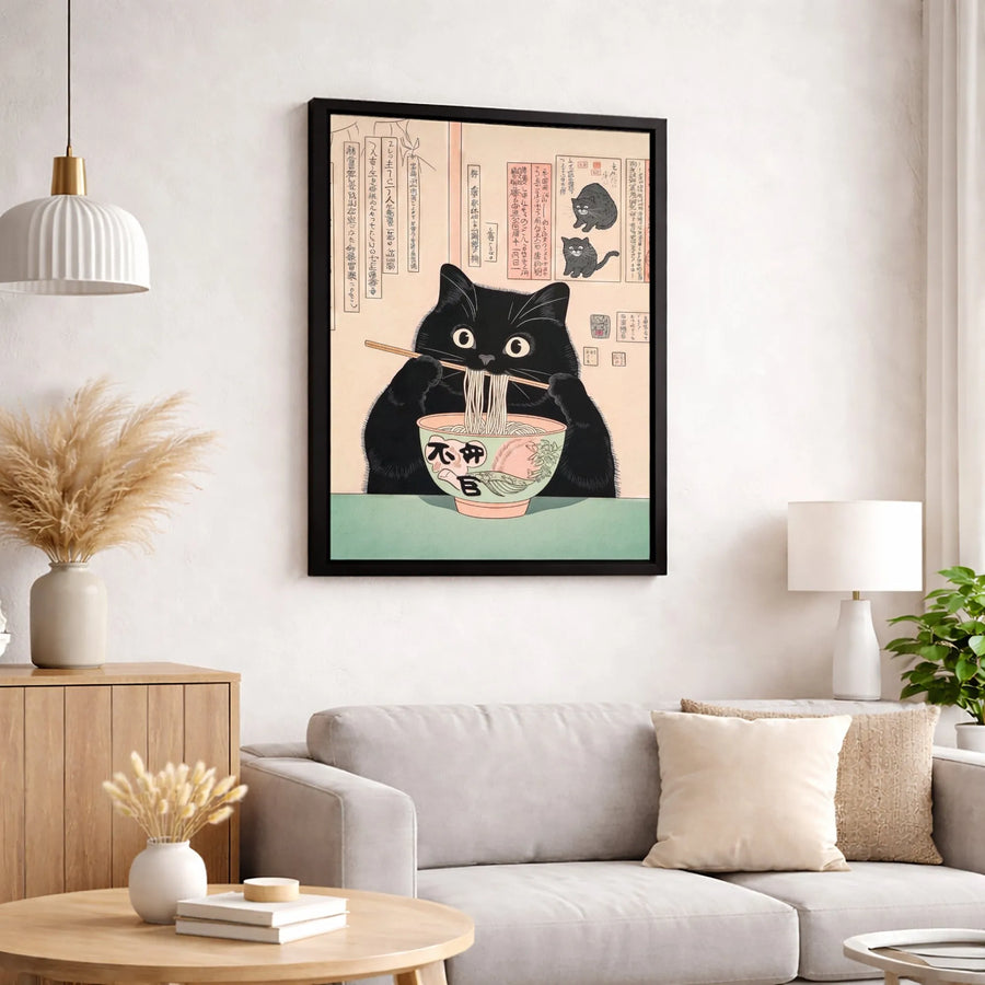 Japanese Ukiyo-e Cat Ramen Wall Art | Cute Black Cat Eating Noodles Print | Premium Gallery Wrapped Canvas | Quirky Home Decor Gift