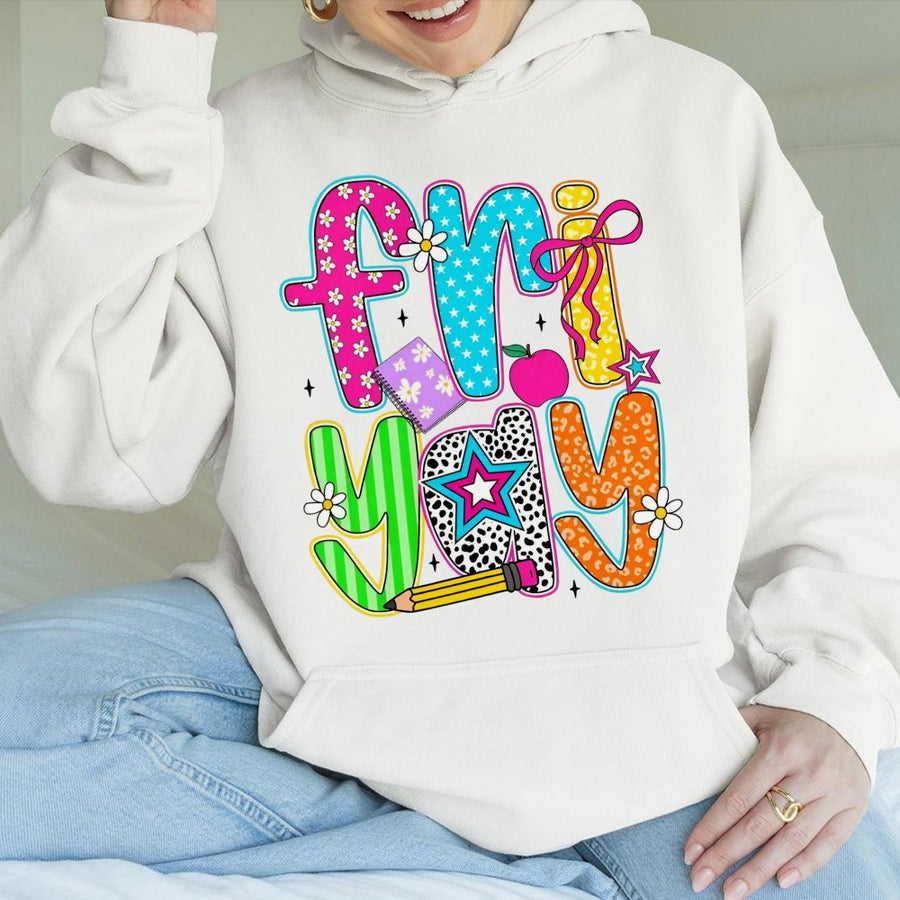 Friyay Teacher Hoodie | Preppy Retro School Supplies Design | Cotton-Poly Premium Blend | Gift for Teachers and Educators