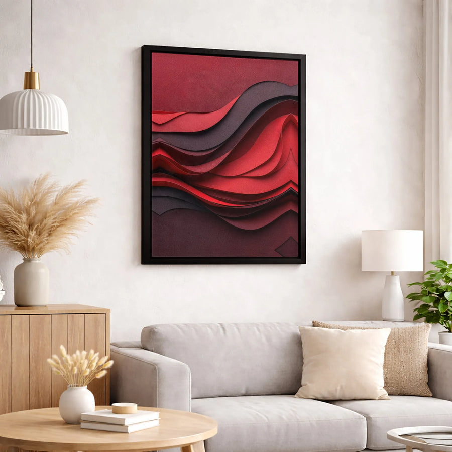 Abstract Red and Black Canvas Wall Art | 3D Layered Wave Design | Premium Gallery Wrapped Print | Modern Minimalist Decor for Living Room