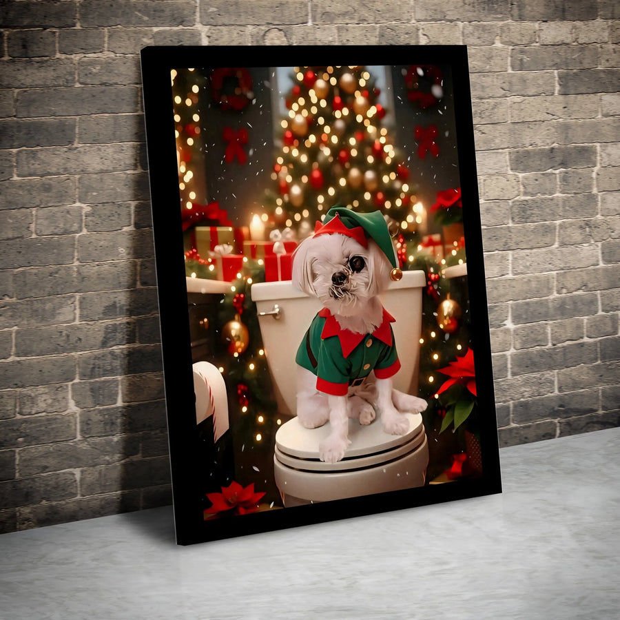 Funny Maltese Dog Christmas Wall Art | Elf Costume Toilet Scene Print | 1.25 Inch Gallery Wrap Canvas | Humorous Holiday Home Decor Gift
