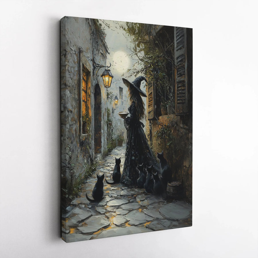 Witch Wall Art Canvas Print | Gothic Alley Witch and Black Cats Design | Premium 1.25-Inch Thick Gallery Wrap | Spooky Halloween Home Decor Gift