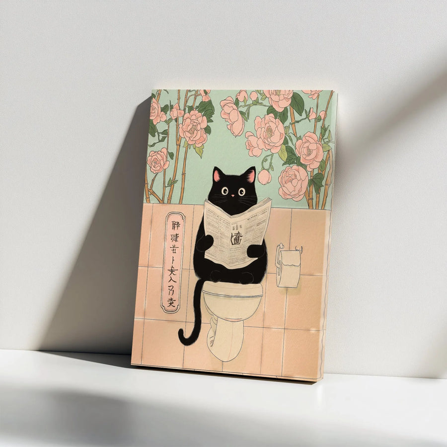 Funny Black Cat Wall Art | Japanese Ukiyo-e Style Reading on Toilet | Premium Gallery Wrap Canvas | Quirky Bathroom Decor Gift for Cat Lovers
