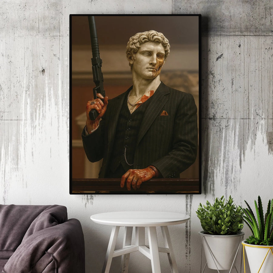Gangster Statue Canvas Wall Art | Classical Sculpture with Machine Gun | Fade-Resistant Gallery Print | Man Cave Decor Collector's Gift for Him