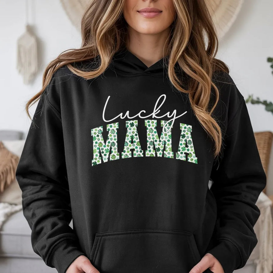 Lucky Mama Hoodie | St Patrick's Day Shamrock Graphic | Premium Cotton Blend Sweatshirt | Cute Gift for Mom