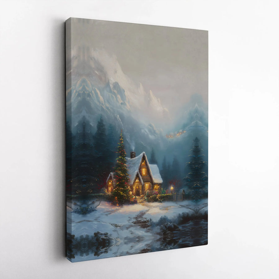 Winter Cabin Canvas Print | Snowy Mountain Forest Landscape | Premium Gallery Wrap Wall Art | Cozy Christmas Home Decor Gift