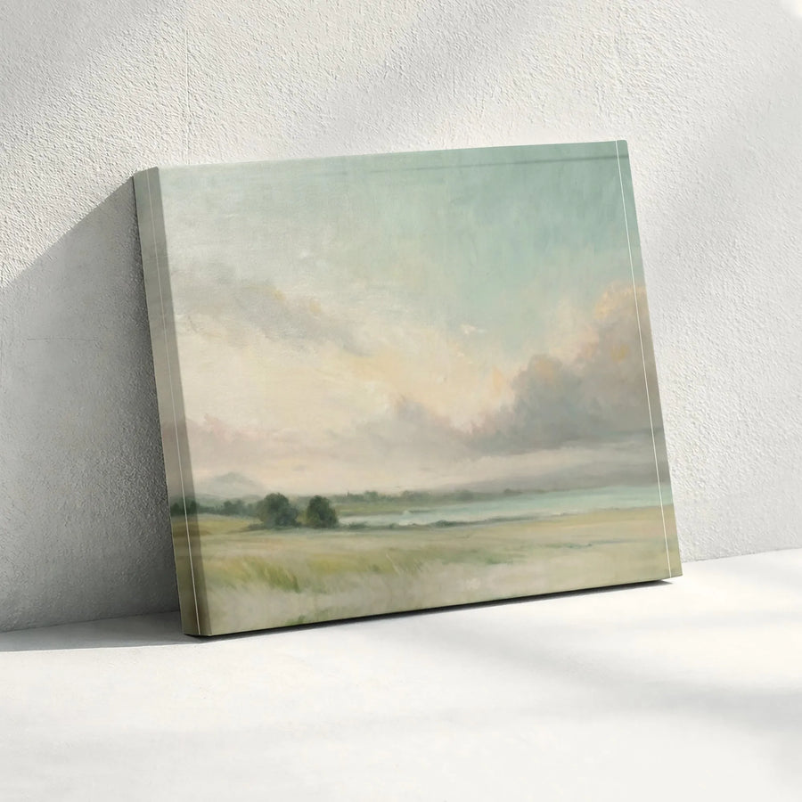 Vintage Landscape Painting Horizontal Canvas | Serene Countryside Meadow Art | Premium 1.25-Inch Frameless Gallery Canvas | Calming Living Room Wall Decor Gift