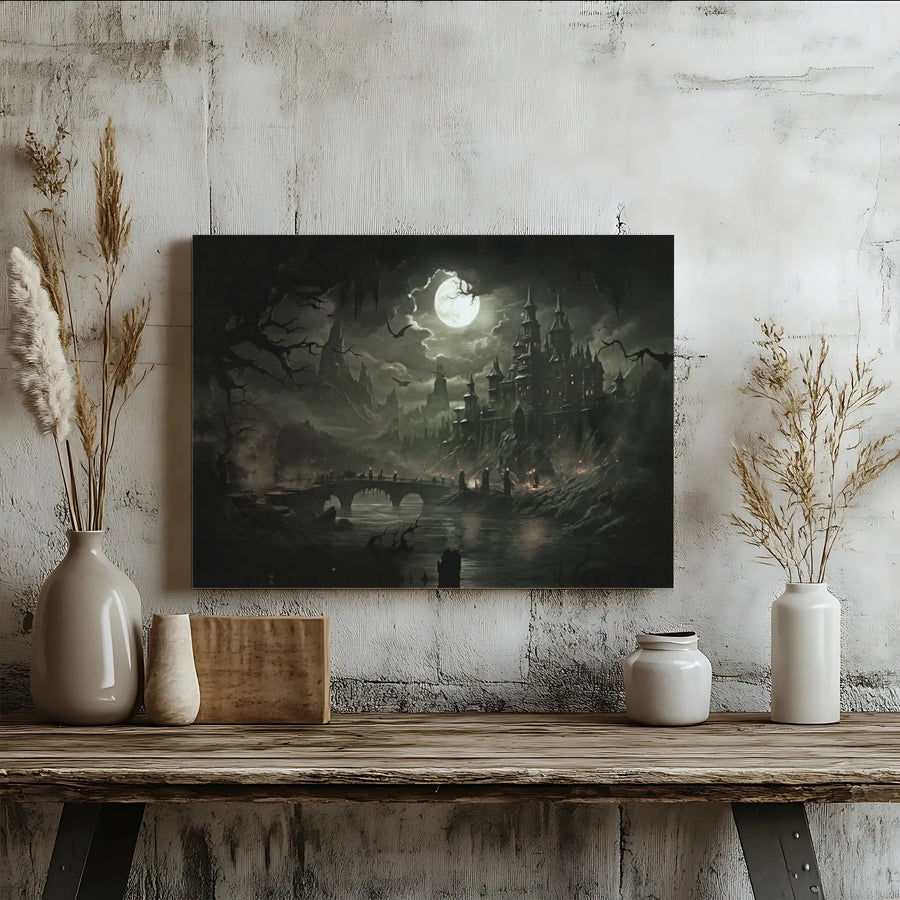 Gothic Castle Canvas Wall Art | Dark Fantasy Night Landscape | Premium 1.25 Inch Gallery Wrap | Spooky Home Decor Gift