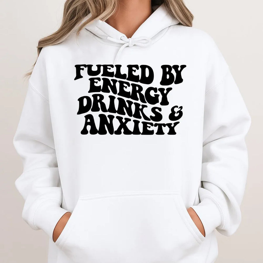Fueled By Energy Drinks And Anxiety Hoodie | Retro Wavy Font Typography | Premium Cotton Blend | Funny Relatable Gift For Students And Gamers