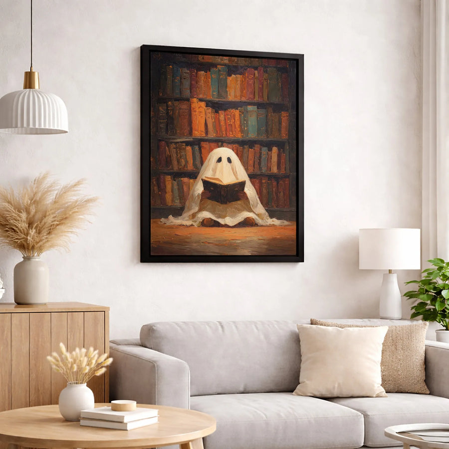 Ghost Reading Book Library Oil Painting Canvas | Dark Academia Spooky Aesthetic | Premium Fade-Resistant Wall Art | Unique Literary Gift for Book Lovers