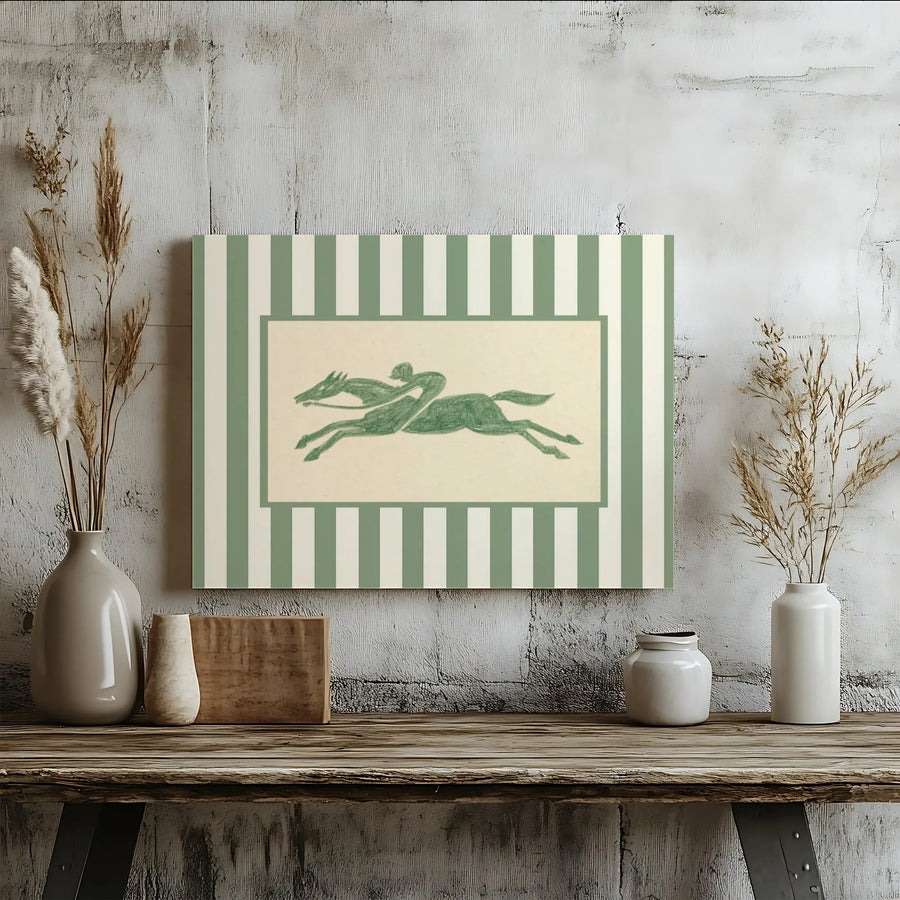 Equestrian Wall Art | Sage Green Striped Racehorse Jockey Print | 1.25-Inch Gallery Wrapped Premium Canvas | Classic Home & Office Decor