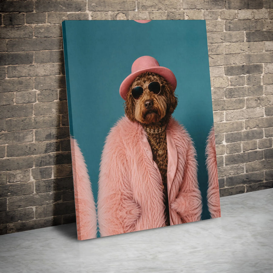 Funny Dog in Pink Fur Coat Vertical Canvas | Whimsical Goldendoodle with Hat & Sunglasses Art Print | 1.25" Gallery Wrap Matte Canvas | Hilarious Pet Lover Gift & Quirky Wall Decor