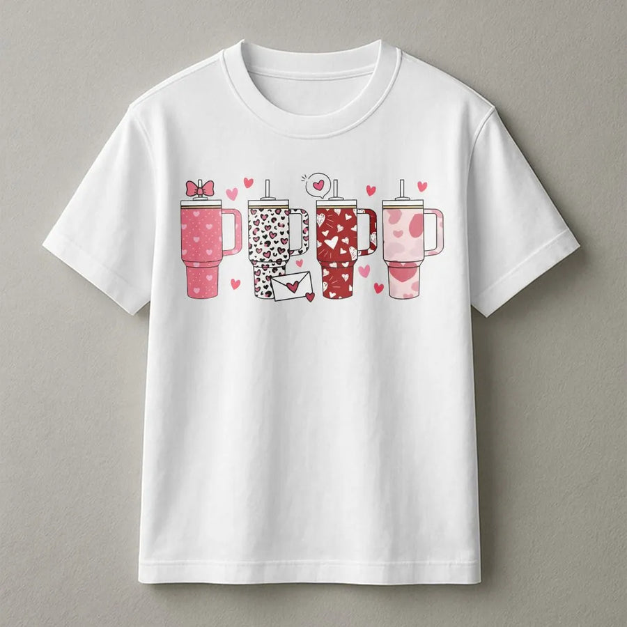 Valentine's Day Tumbler T-Shirt | Heart Pattern Water Cup Graphic | Soft Cotton Premium Tee | Cute Valentine Gift For Her Women