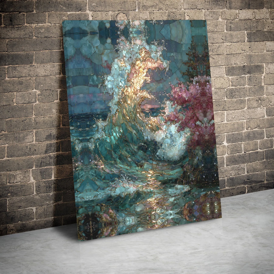 Ocean Wave Canvas Wall Art | Abstract Mosaic Stained Glass Style | 1.25 Inch Gallery Wrap Premium Decor | Coastal Home Office Living Room Gift