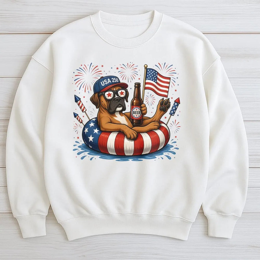 USA 250 Boxer Dog Sweatshirt | Funny Patriotic Dog with Flag & Fireworks Graphic | Soft Cotton Blend Pullover | 4th of July Gift for Dog Lover