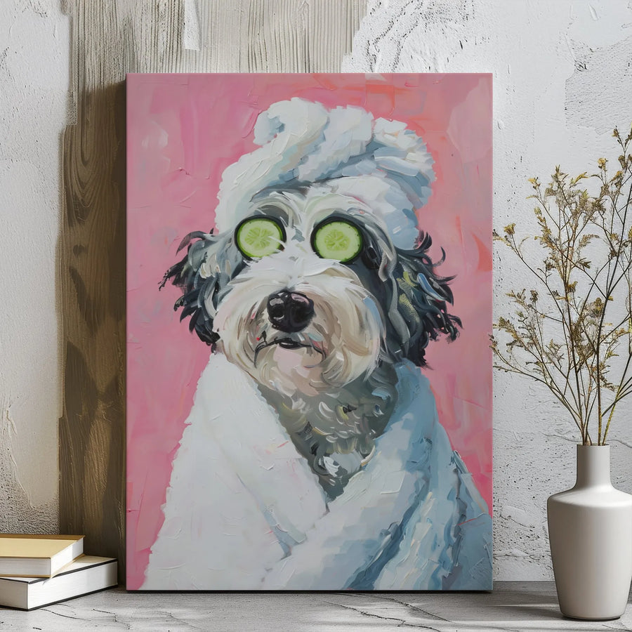 Dog Spa Day Canvas Wall Art | Funny Pet Painting with Cucumber Slices | Premium Gallery Wrap Decor | Gift for Dog Lovers & Bathroom Wall