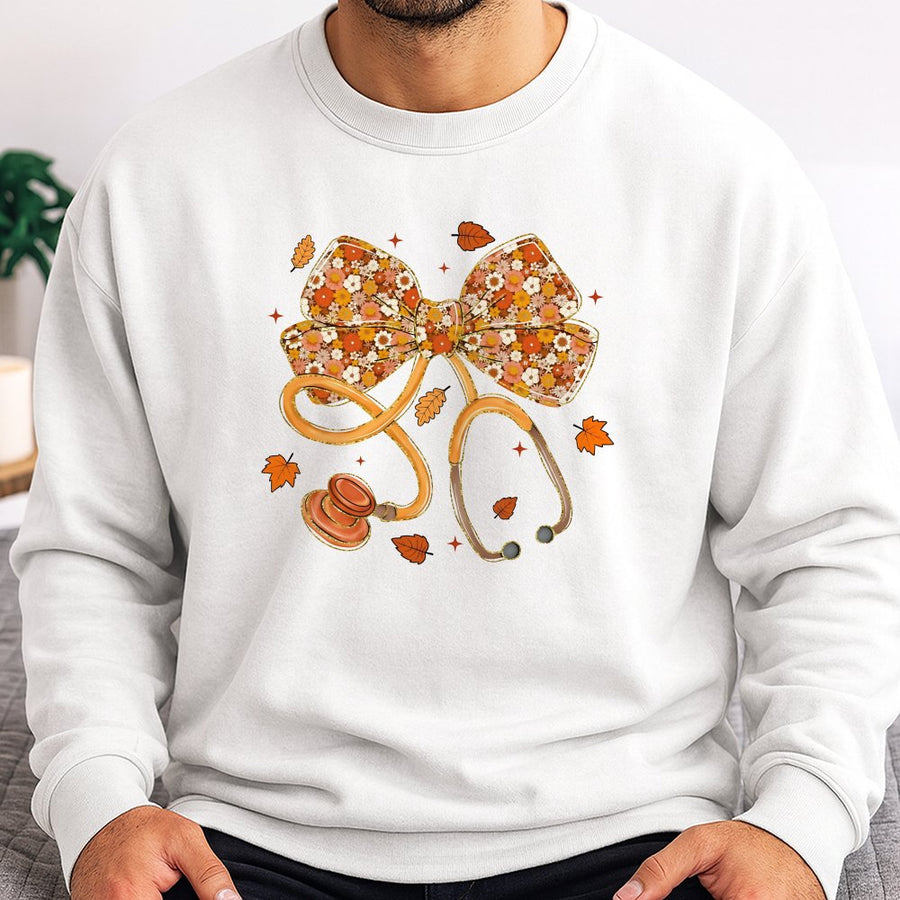 Fall Stethoscope Sweatshirt | Floral Bow Autumn Medical Design | Premium Cotton-Poly Blend | Nurse Gift For Women Doctors Students