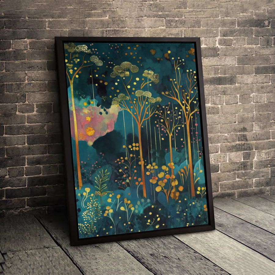 Abstract Teal And Gold Forest Canvas Print | Whimsical Golden Tree Wall Art | Premium Gallery-Wrapped 1.25" Profile | Modern Home Office Decor Gift