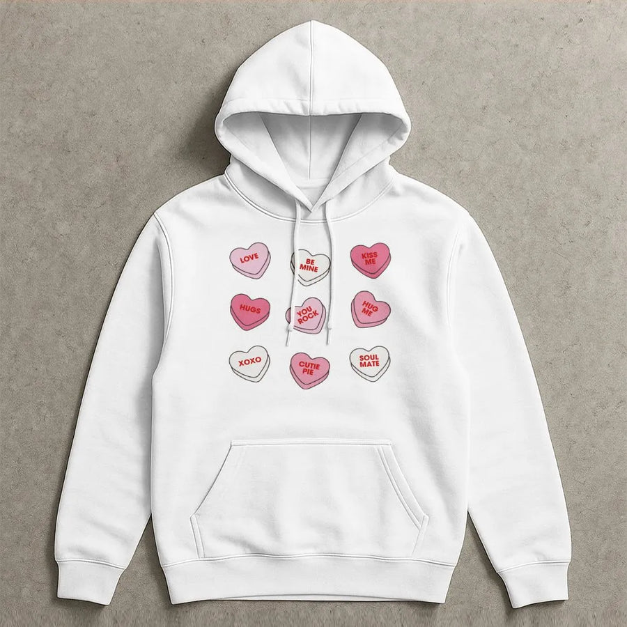 Conversation Heart Hoodie | Retro Valentine Candy Aesthetic | Soft Cotton Blend | Cute Gift For Her Teacher Mom