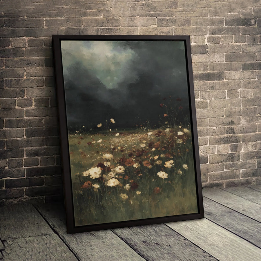 Moody Wildflower Canvas Art | Stormy Sky Botanical Meadow Painting | Gallery Quality Premium Print | Dark Academia Home Decor Gift