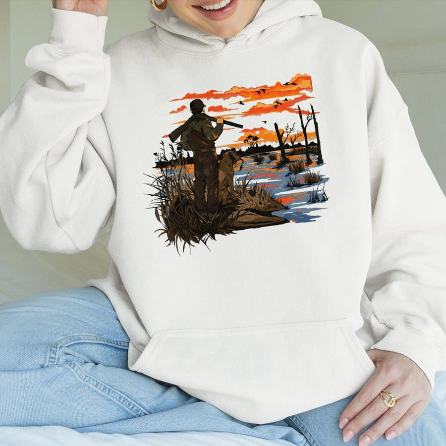Duck Hunting Hoodie | Hunter and Retriever Sunset Graphic | Premium Cotton Blend | Gift for Outdoorsmen and Waterfowl Hunters