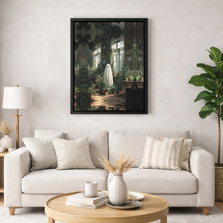 Ghost in Greenhouse Wall Art | Spooky Botanical Sunlit Interior Print | Premium Gallery Wrapped Canvas | Whimsical Cottagecore Decor for Home