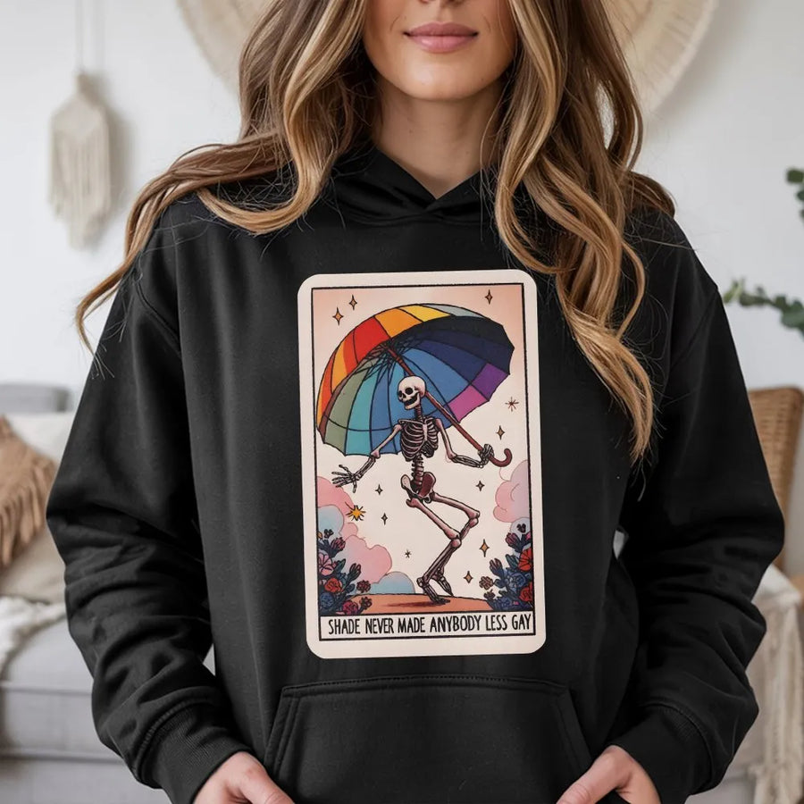 Rainbow Pride Tarot Card Hoodie | Dancing Skeleton with Rainbow Umbrella | Premium Cotton Graphic Tee | LGBTQ Pride Month Gift Apparel