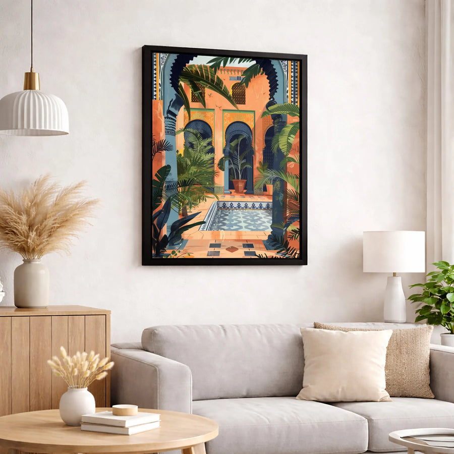 Moroccan Riad Canvas Wall Art | Tropical Courtyard Pool Illustration | Premium 1.25-Inch Gallery Wrap | Bohemian Home Decor Gift