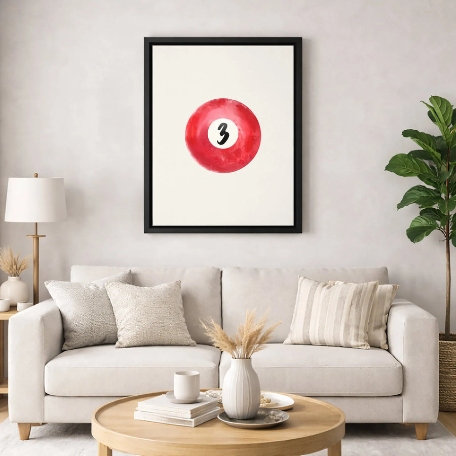 Number 3 Billiard Ball Wall Art | Watercolor Red Pool Ball Print | Gallery-Quality 1.25 Inch Canvas | Sports Decor for Game Room or Office