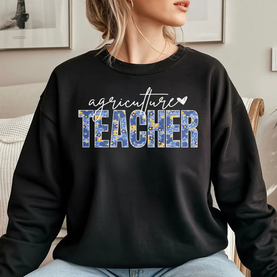 Agriculture Teacher Sweatshirt | Blue Floral Print Design | Premium Cotton Blend | Gift for Ag Educator