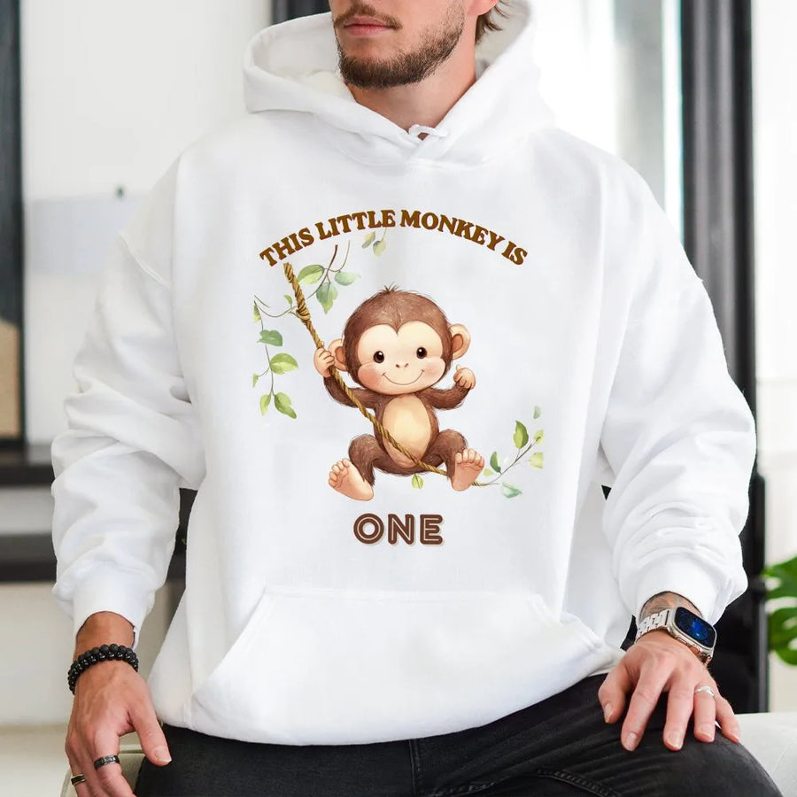 Monkey 1st Birthday Hoodie | This Little Monkey Is One Graphic | Soft Cotton Blend Pullover | Mom's First Birthday Party Gift