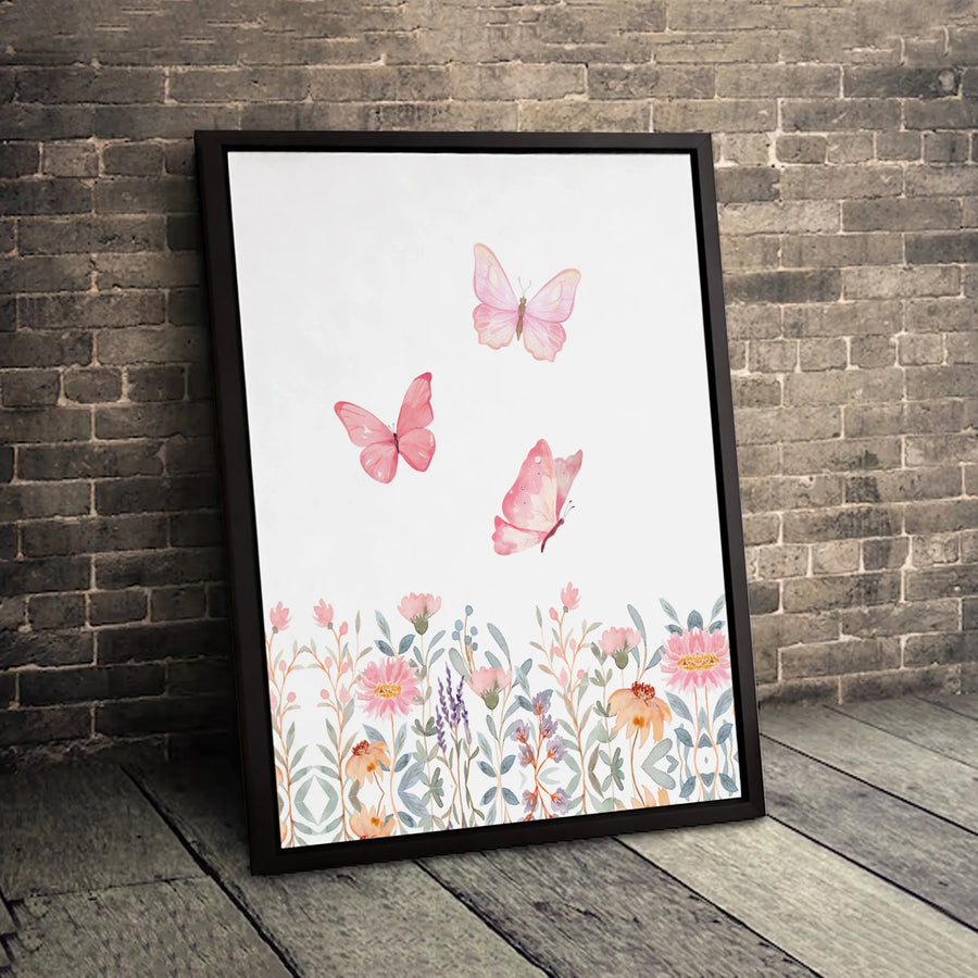 Watercolor Butterfly Wall Art | Pink Wildflower Botanical Print | 1.25 Inch Premium Gallery Canvas | Aesthetic Home Decor Gift