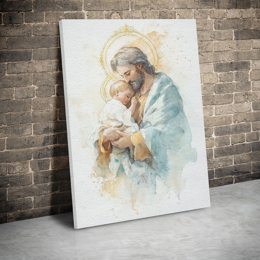 Saint Joseph and Baby Jesus Canvas Print | Watercolor Religious Wall Art | Premium 1.25" Gallery Wrap | Christian Home Decor Gift