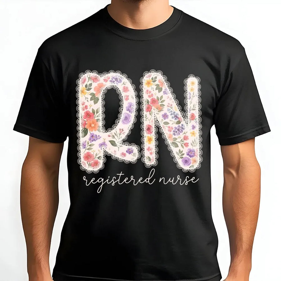 Registered Nurse T-Shirt | Floral Print RN with Lace Detail | Cozy Cotton Blend | Nursing School Graduation Gift for Her