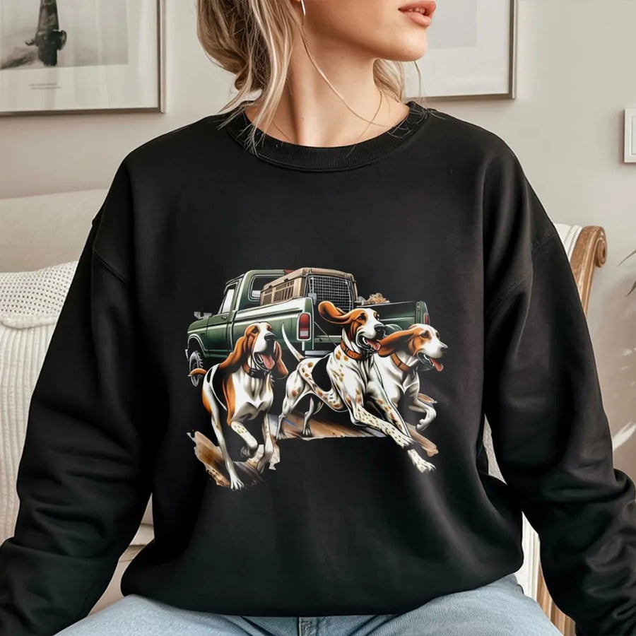 Hound Dog Hunting Sweatshirt | Let 'Em Run Pickup Truck Graphic | Premium Cotton Blend | Gift for Hunters and Outdoor Enthusiasts