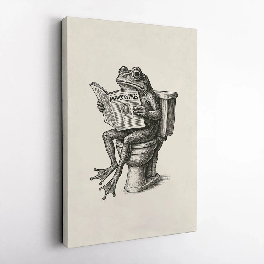 Frog on Toilet Canvas Print | Amphibian Reading Newspaper Illustration | Premium Gallery Canvas | Funny Bathroom Wall Decor Gift