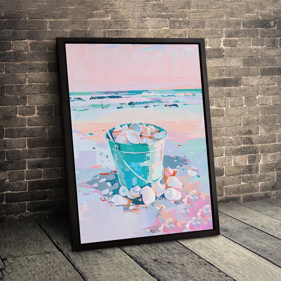 Coastal Beach Art Canvas | Pastel Seashells Bucket Print | Gallery Wrapped 1.25" Profile | Modern Seaside Home Decor Gift