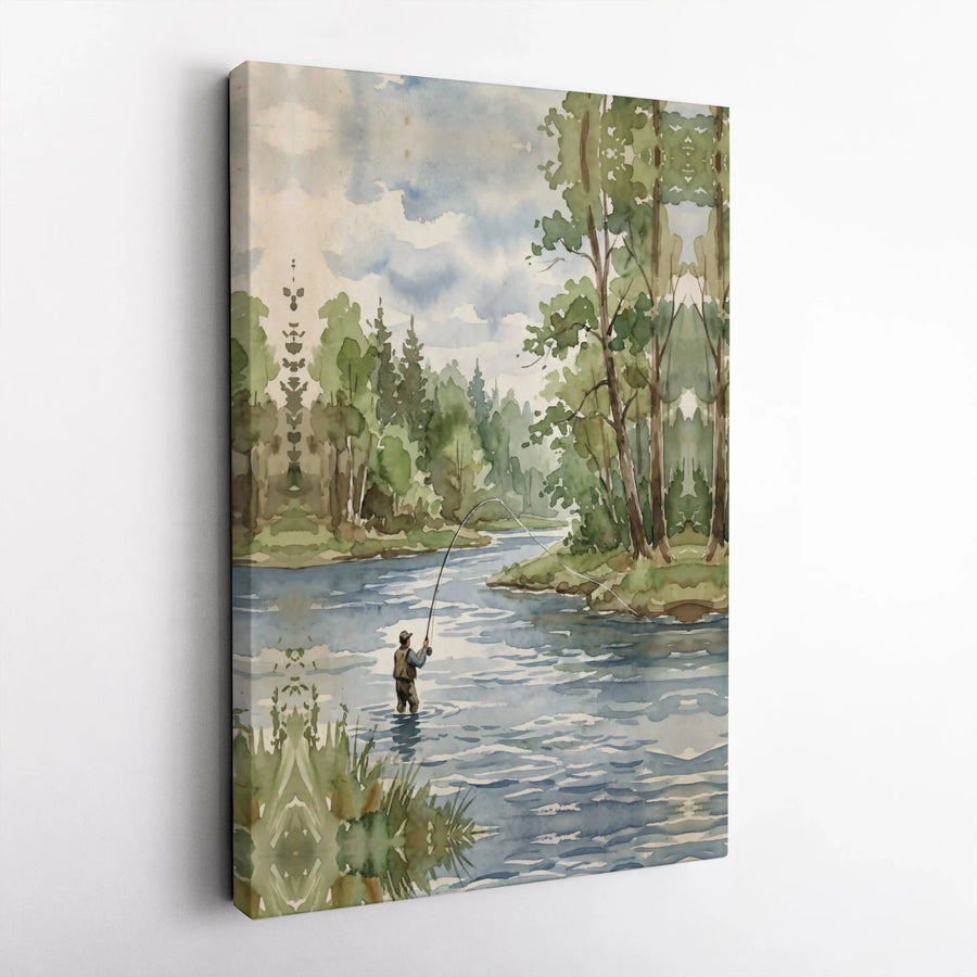 Fly Fishing Canvas Wall Art | Watercolor River Landscape Print | Premium Framed Canvas | Gift for Angler Dad, Cabin Decor