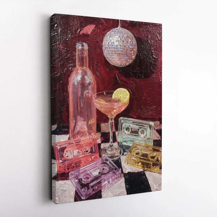 Retro Disco Party Vertical Canvas | 80s Cassette Tape & Cocktail Still Life Art | Premium Thick Gallery Wrap | Modern Bar Cart Decor Gift