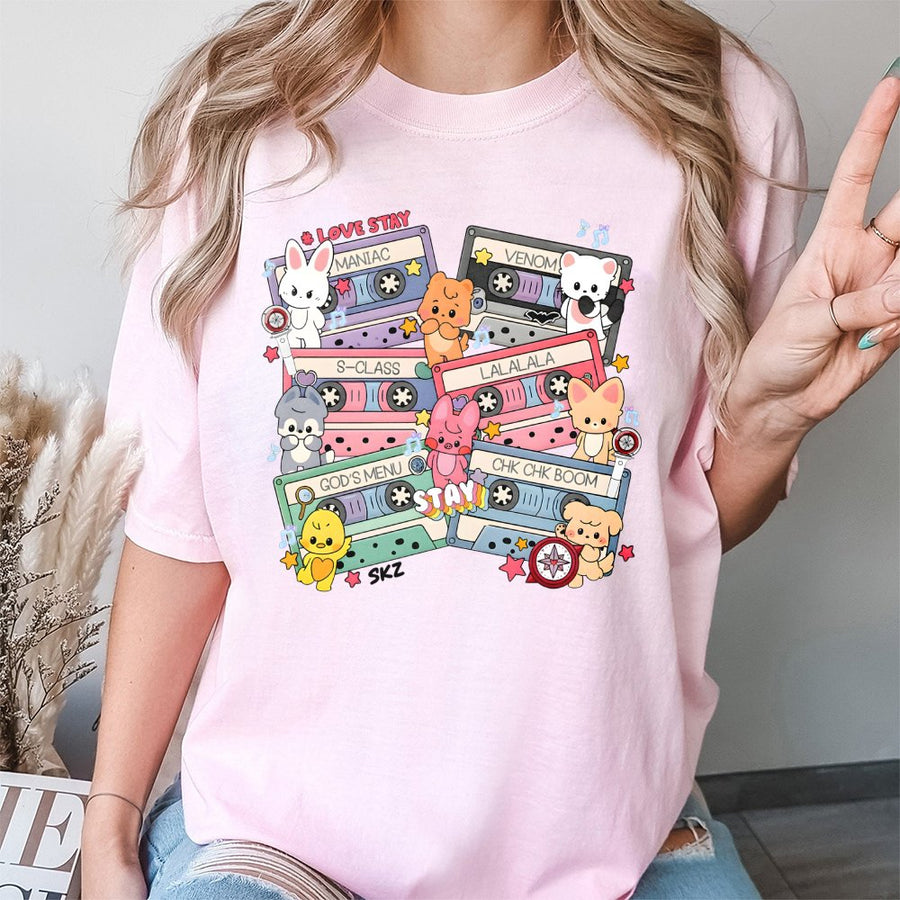 Kpop Cassette Tape T-Shirt | Cute Cartoon Animal Graphic Design | Premium 100% Cotton Tee | Gift for Kpop Fans and Concert Outfits