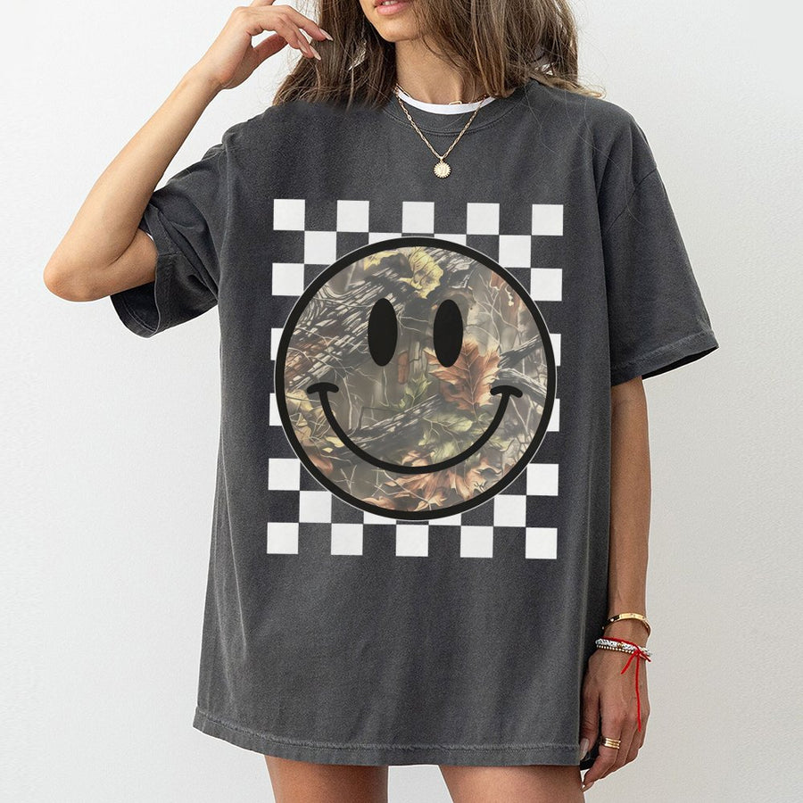 Camo Smiley Face T-Shirt | Retro Checkered Graphic Print | 100% Cotton Premium Tee | Trendy Streetwear Gift for Men and Women