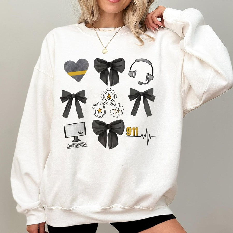 911 Dispatcher Sweatshirt | Emergency Responder Bow Design | Unisex Cotton Blend Crewneck | First Responder Appreciation Gift for Dispatchers