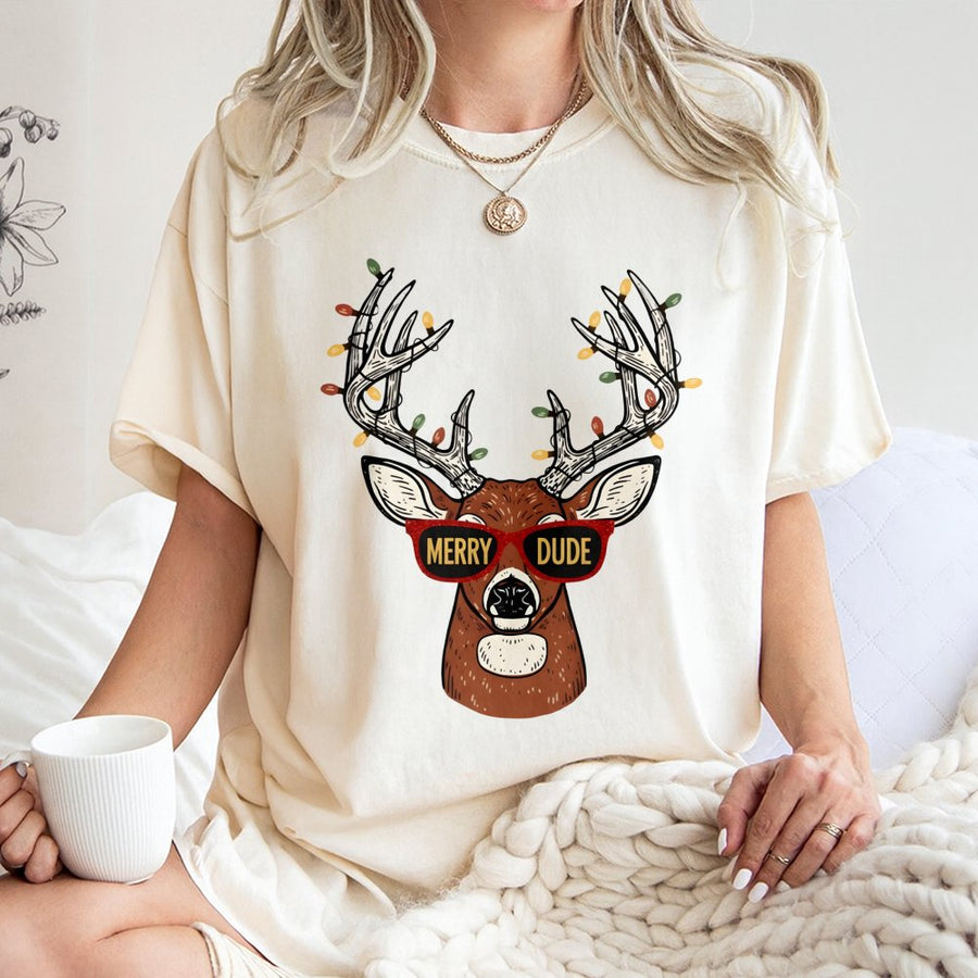 Merry Dude Deer T-Shirt | Funny Reindeer Christmas Graphic | Premium 100% Cotton Tee | Retro Holiday Hunting Gift For Men And Women