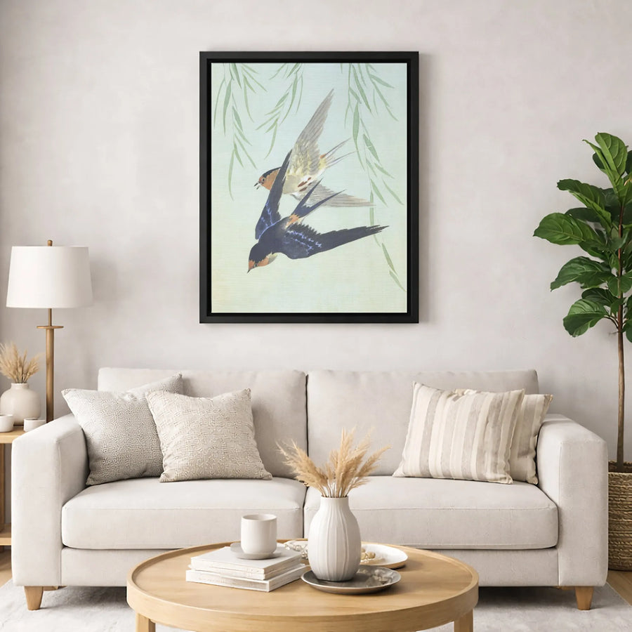 Japanese Bird Wall Art | Flying Swallows with Willow Branches | Premium Gallery-Wrapped Canvas | Elegant Home Decor for Living Room Gift