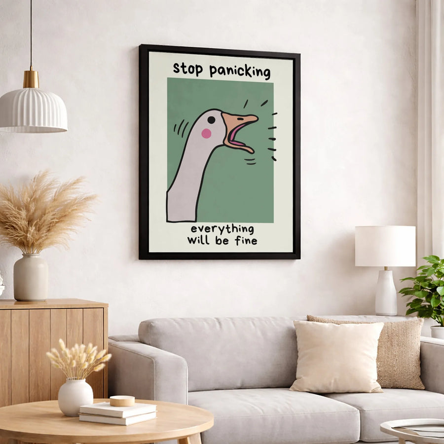 Screaming Goose Canvas Wall Art | Stop Panicking Everything Will Be Fine Quote | Premium Gallery Wrapped Print | Funny Home Decor Gift Idea