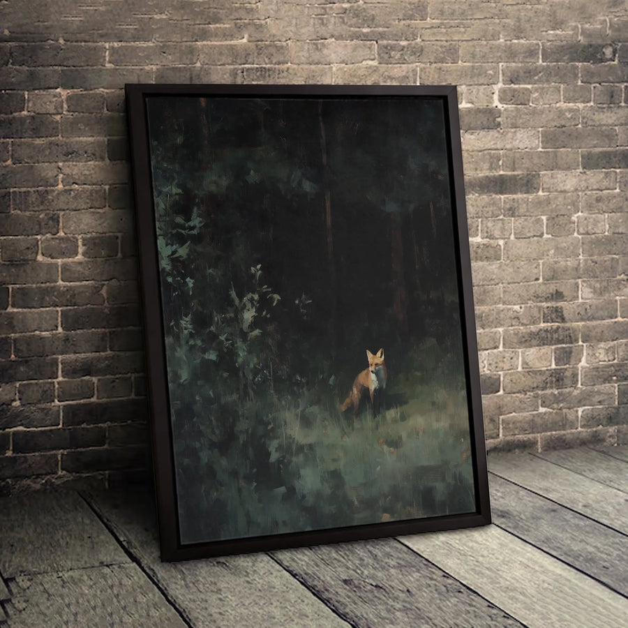 Fox in Dark Forest Canvas Wall Art | Moody Forest Animal Painting Print | 1.25" Gallery Wrap Premium Canvas | Woodland Nature Home Decor Gift