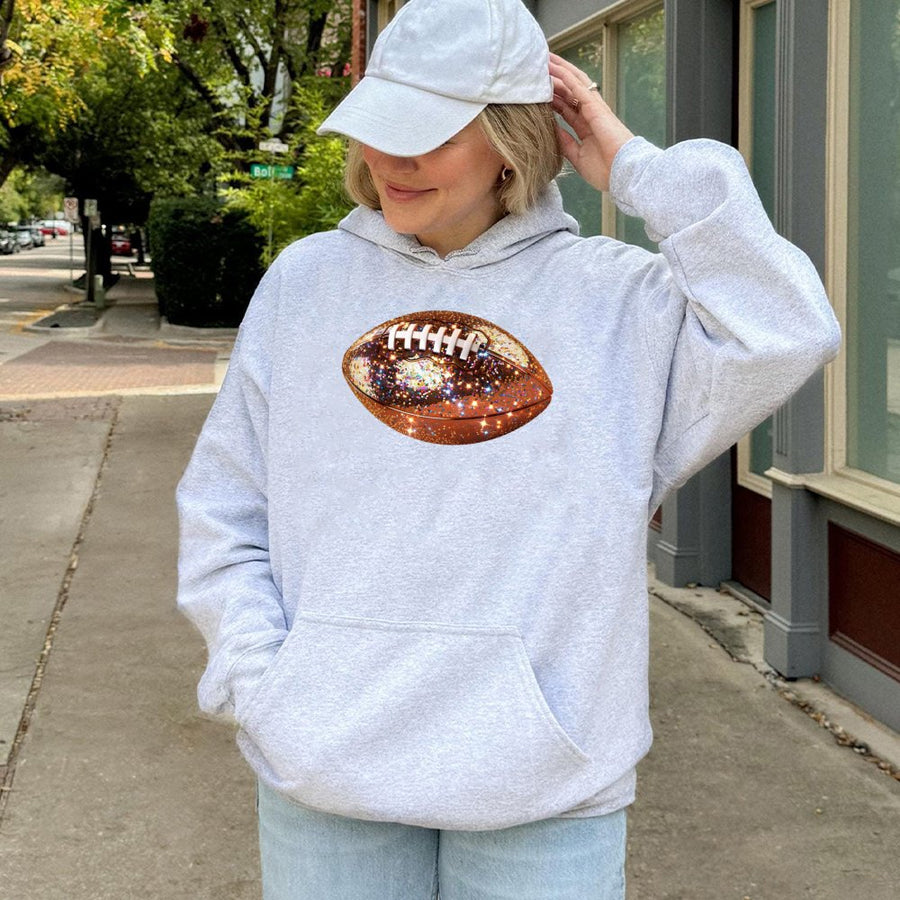 Glitter Football Hoodie | Sparkly Football Graphic Print | Cotton-Poly Blend Premium Sweatshirt | Trendy Game Day Apparel For Women