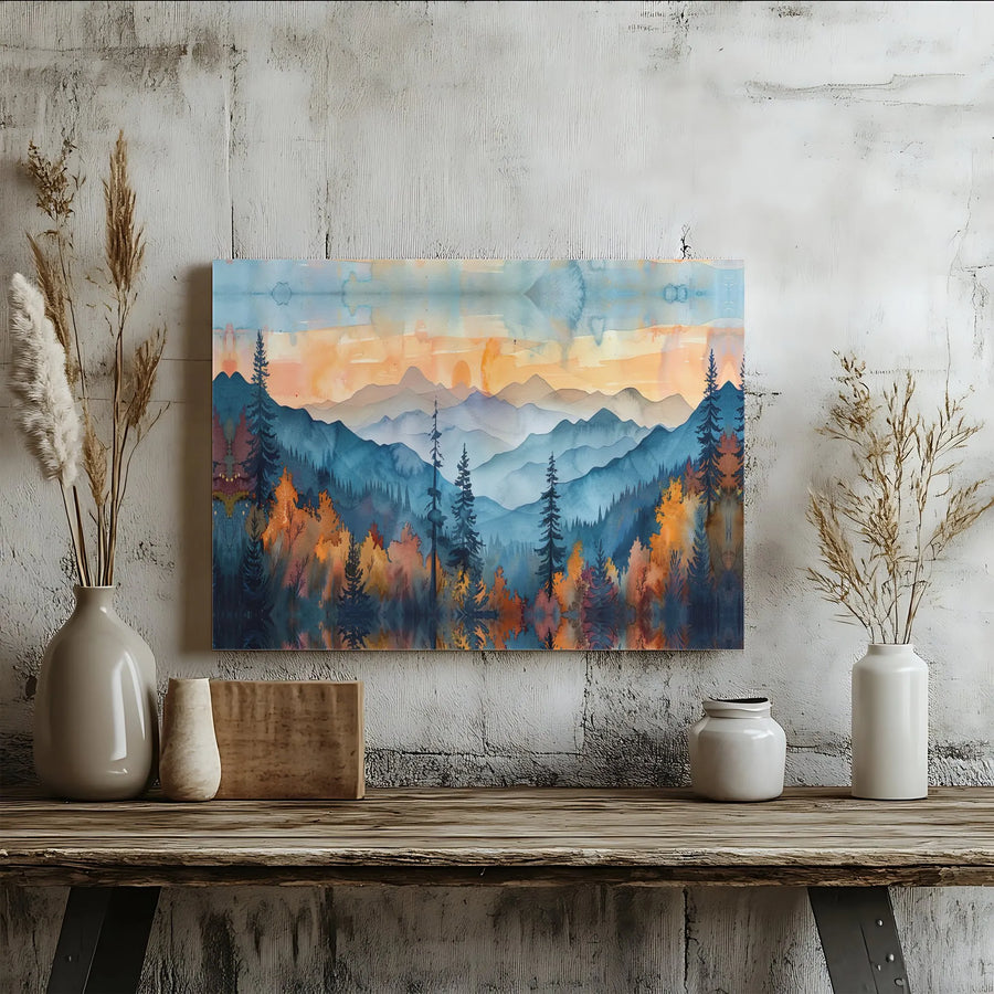 Watercolor Mountain Canvas Print | Autumn Forest Landscape Wall Art | Gallery Wrapped Premium Decor | Nature Lover Gift