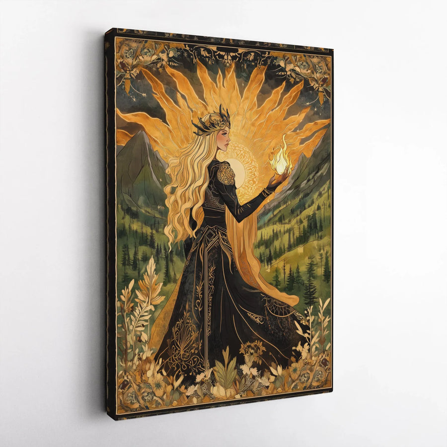 Sun Goddess Canvas Wall Art | Art Nouveau Mythical Illustration | Premium Gallery Wrapped Print | Spiritual Home Decor Collector's Gift